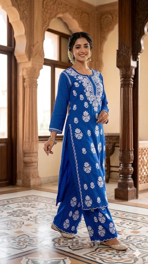 Rayon Kurti Palazzo Set with Cutwork