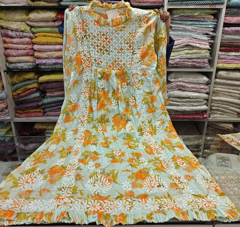Jhalar Neck Mul Cotton A-Line Printed Long Kurti
