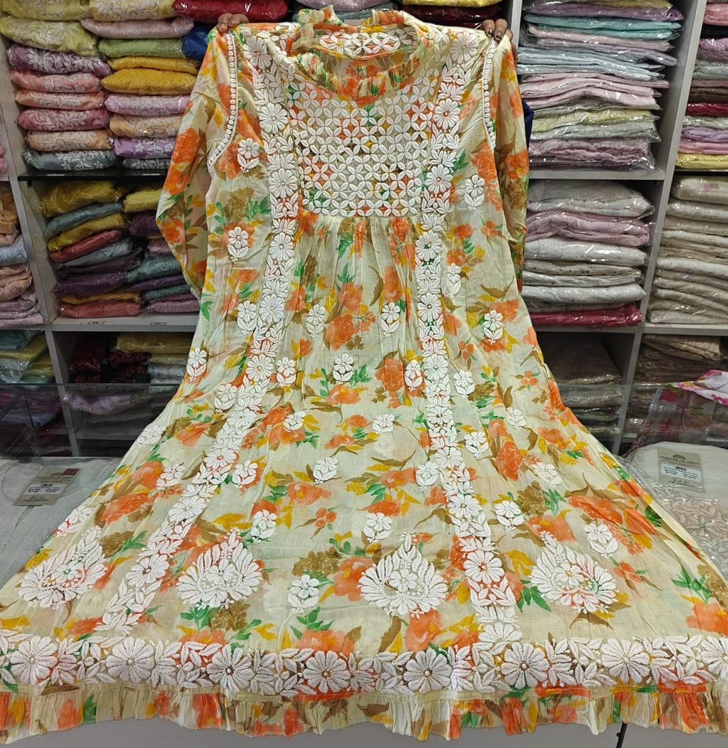 Jhalar Neck Mul Cotton A-Line Printed Long Kurti