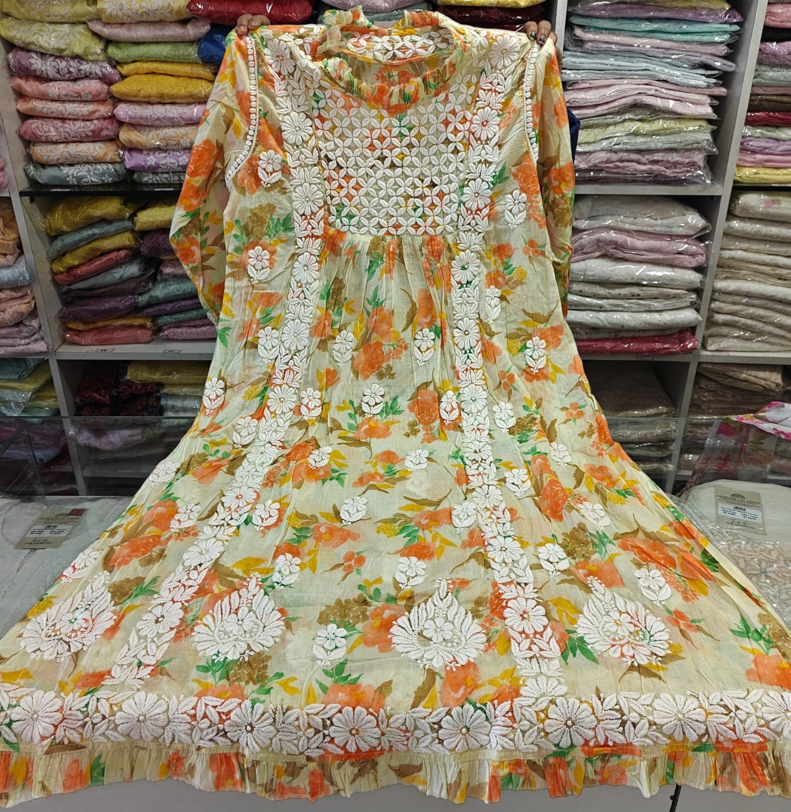 Jhalar Neck Mul Cotton A-Line Printed Long Kurti