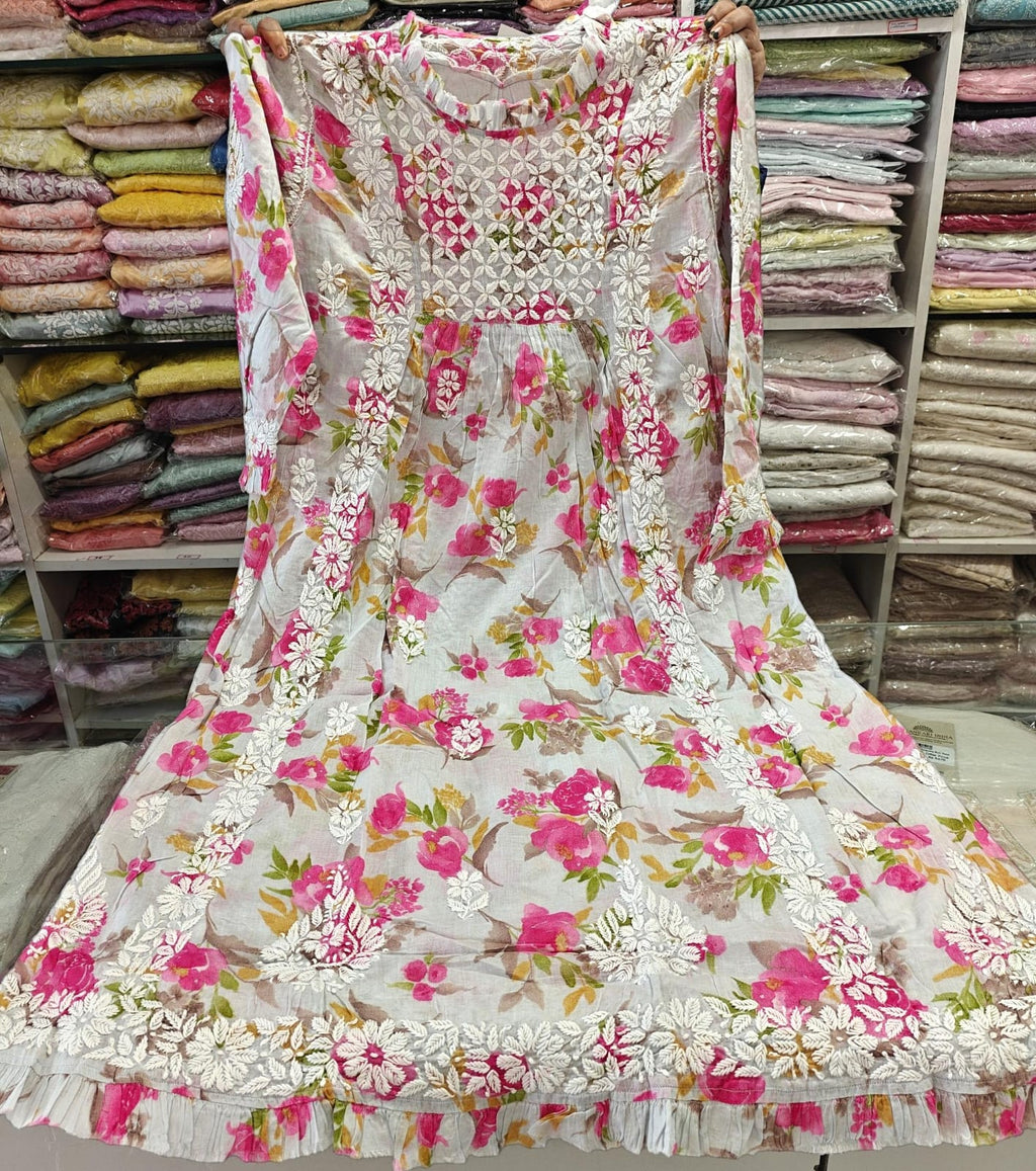 Jhalar Neck Mul Cotton A-Line Printed Long Kurti