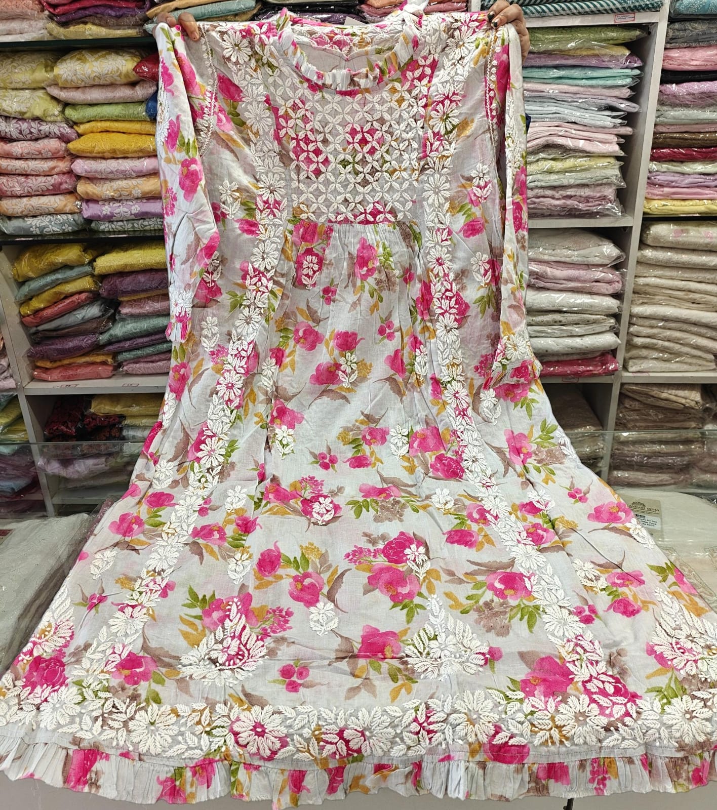 Jhalar Neck Mul Cotton A-Line Printed Long Kurti