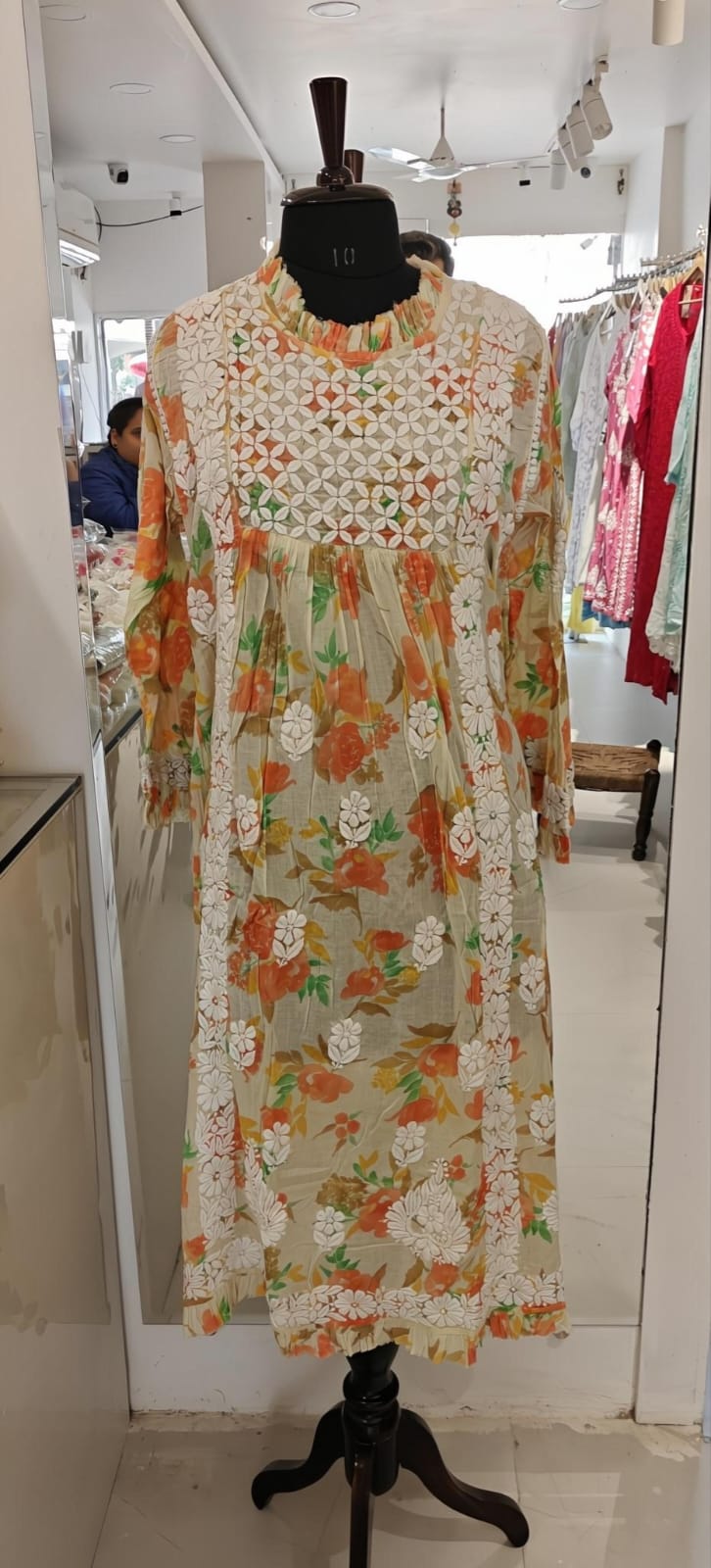 Jhalar Neck Mul Cotton A-Line Printed Long Kurti