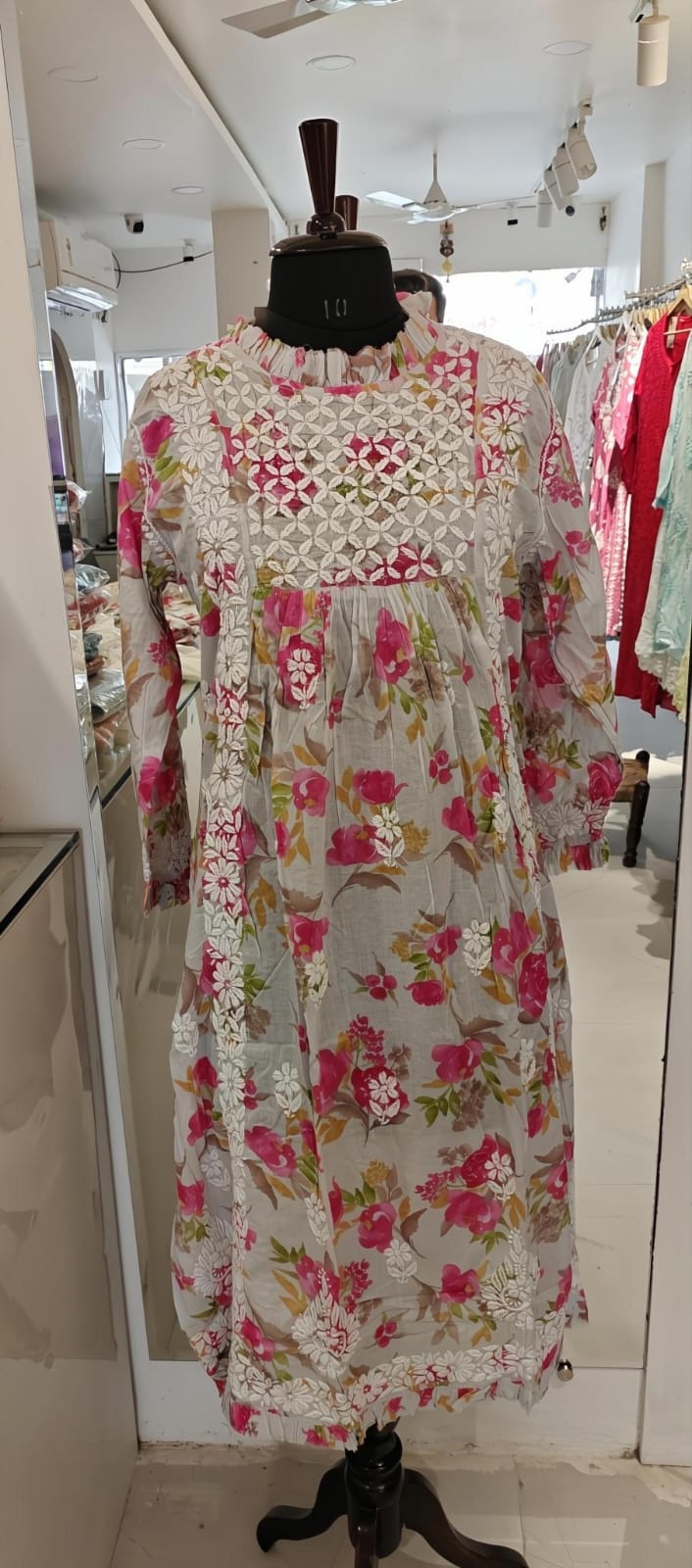 Jhalar Neck Mul Cotton A-Line Printed Long Kurti