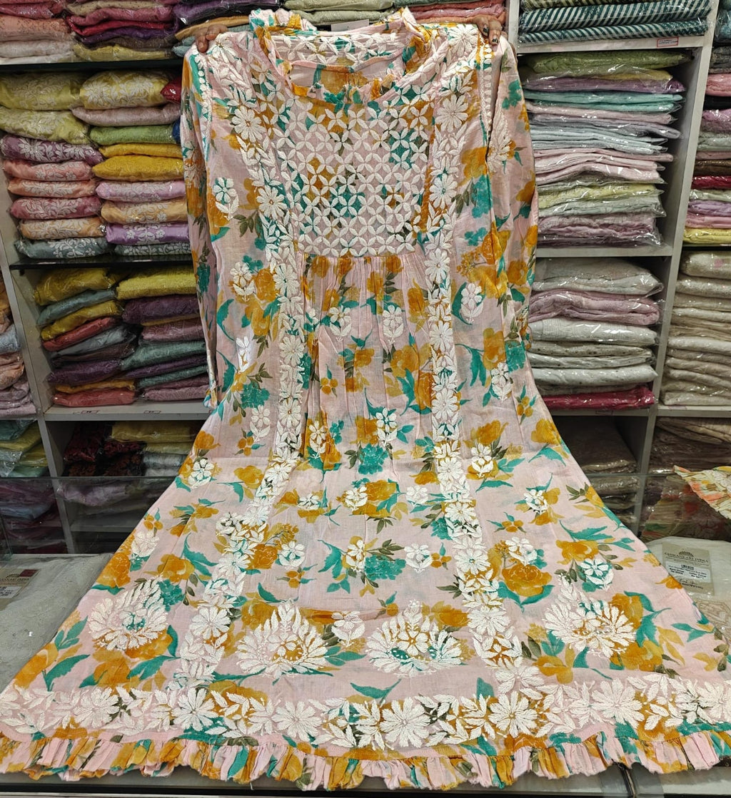Jhalar Neck Mul Cotton A-Line Printed Long Kurti