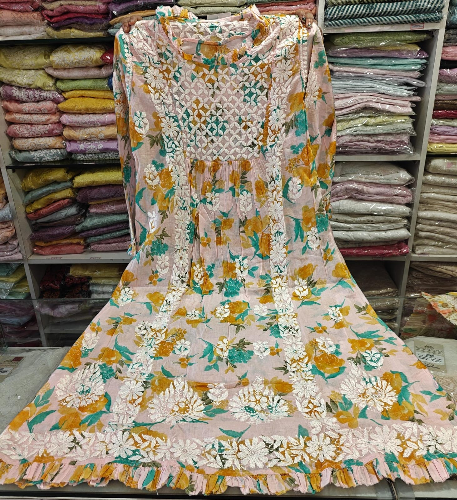 Jhalar Neck Mul Cotton A-Line Printed Long Kurti