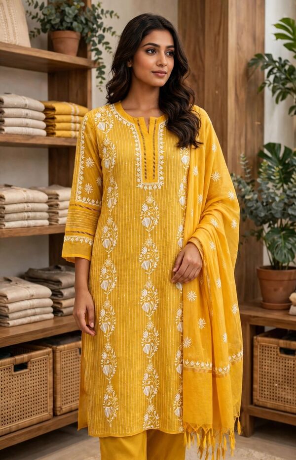Pure Mul-Mul Semi-Stitched Kurta & Dupatta Set